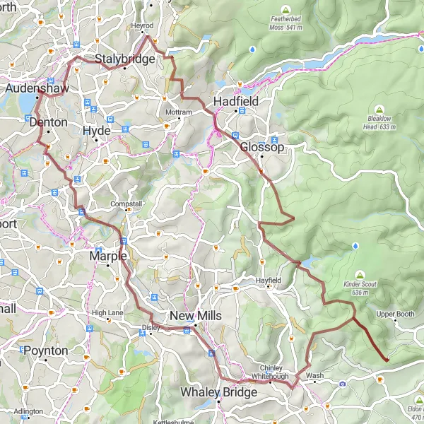 Map miniature of "Exploring the Peaks: Gravel Adventure" cycling inspiration in Greater Manchester, United Kingdom. Generated by Tarmacs.app cycling route planner