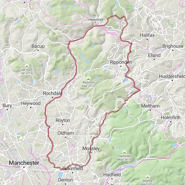 Map miniature of "Scenic Gravel Ride through Calderdale" cycling inspiration in Greater Manchester, United Kingdom. Generated by Tarmacs.app cycling route planner