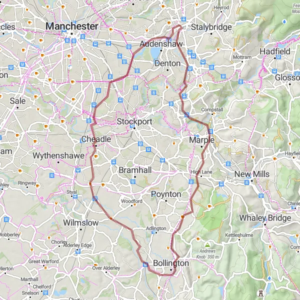 Map miniature of "Dukinfield Gravel Explorer" cycling inspiration in Greater Manchester, United Kingdom. Generated by Tarmacs.app cycling route planner