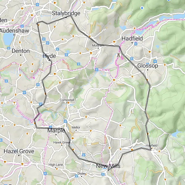 Map miniature of "Glossop and Hayfield Loop" cycling inspiration in Greater Manchester, United Kingdom. Generated by Tarmacs.app cycling route planner