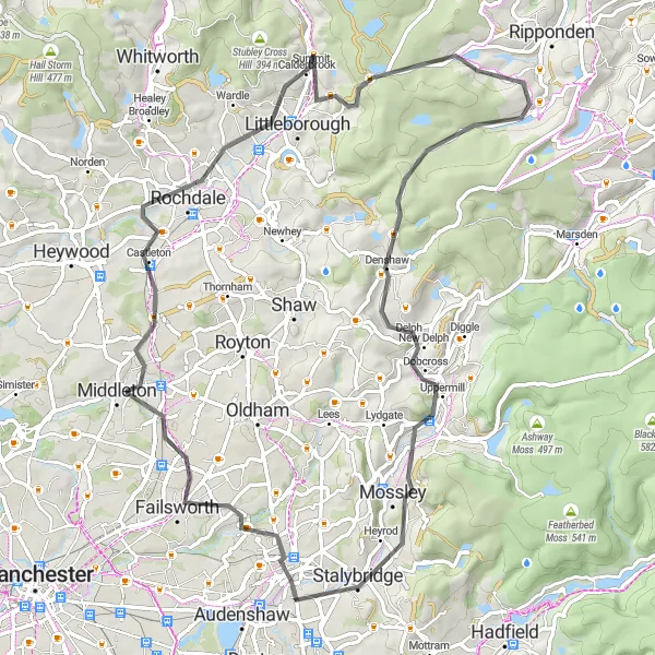 Map miniature of "Rochdale Calling" cycling inspiration in Greater Manchester, United Kingdom. Generated by Tarmacs.app cycling route planner