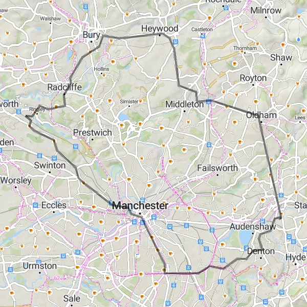 Map miniature of "The Majestic Circuit" cycling inspiration in Greater Manchester, United Kingdom. Generated by Tarmacs.app cycling route planner