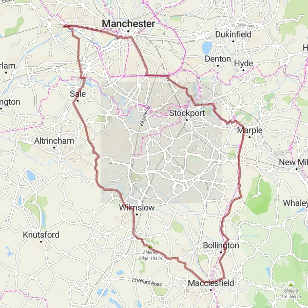 Map miniature of "The Cheshire Gravel Explorer" cycling inspiration in Greater Manchester, United Kingdom. Generated by Tarmacs.app cycling route planner