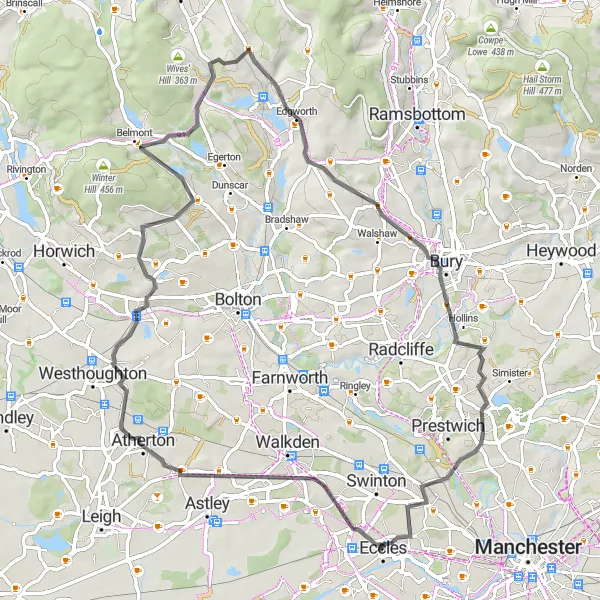 Map miniature of "The Northern Hills" cycling inspiration in Greater Manchester, United Kingdom. Generated by Tarmacs.app cycling route planner