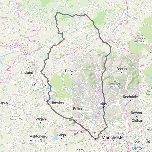 Map miniature of "The Lancashire Explorer" cycling inspiration in Greater Manchester, United Kingdom. Generated by Tarmacs.app cycling route planner