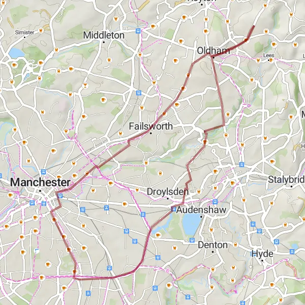 Map miniature of "Failsworth and Oldham Gravel Loop" cycling inspiration in Greater Manchester, United Kingdom. Generated by Tarmacs.app cycling route planner