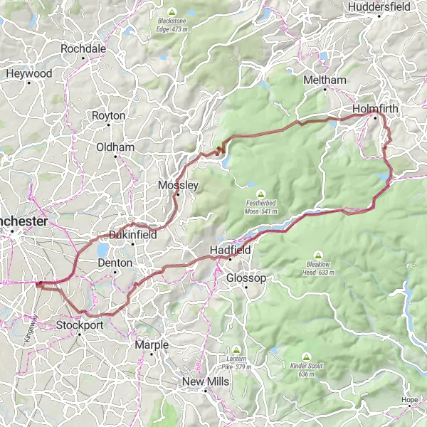 Map miniature of "Fallowfield Stalybridge Greenfield Dean Head Hill Holmfirth Pikenaze Hill Portwood" cycling inspiration in Greater Manchester, United Kingdom. Generated by Tarmacs.app cycling route planner