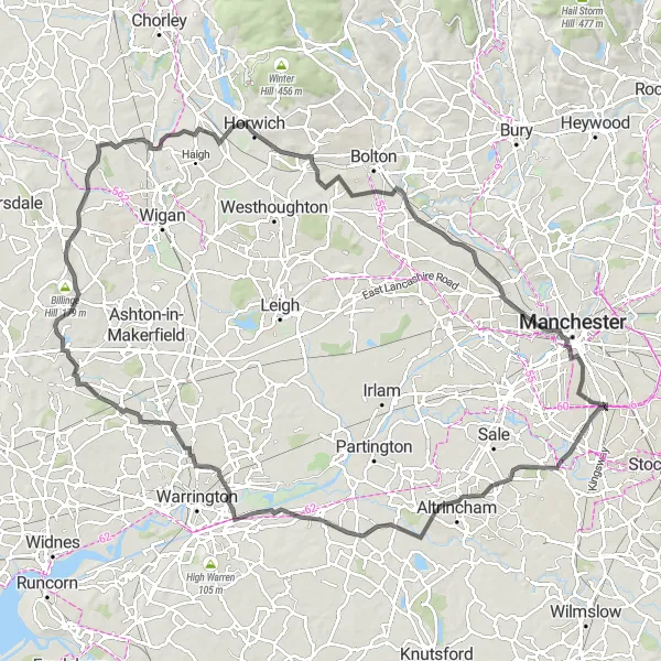 Map miniature of "Cheshire Countryside Road Loop" cycling inspiration in Greater Manchester, United Kingdom. Generated by Tarmacs.app cycling route planner