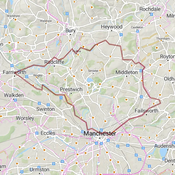 Map miniature of "The Gravel Adventure" cycling inspiration in Greater Manchester, United Kingdom. Generated by Tarmacs.app cycling route planner