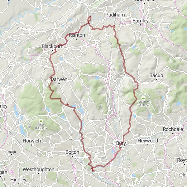 Map miniature of "Farnworth and the Blackburn Loop" cycling inspiration in Greater Manchester, United Kingdom. Generated by Tarmacs.app cycling route planner