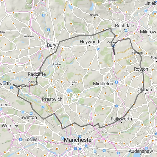 Map miniature of "Around Clarkes Hill" cycling inspiration in Greater Manchester, United Kingdom. Generated by Tarmacs.app cycling route planner
