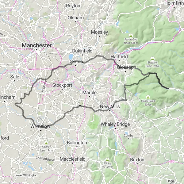 Map miniature of "Cheshire Loop" cycling inspiration in Greater Manchester, United Kingdom. Generated by Tarmacs.app cycling route planner