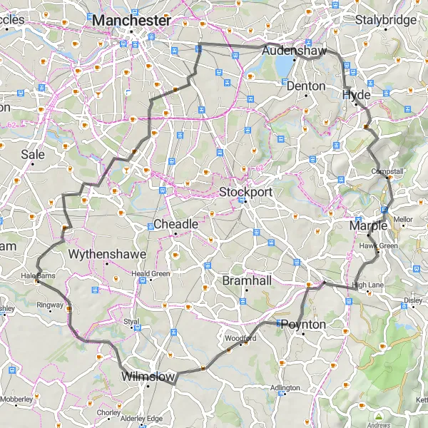 Map miniature of "Wilmslow Loop" cycling inspiration in Greater Manchester, United Kingdom. Generated by Tarmacs.app cycling route planner