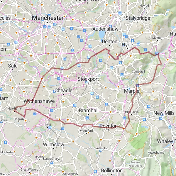 Map miniature of "Cheshire Gravel Escape" cycling inspiration in Greater Manchester, United Kingdom. Generated by Tarmacs.app cycling route planner