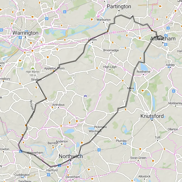 Map miniature of "Cheshire Lanes" cycling inspiration in Greater Manchester, United Kingdom. Generated by Tarmacs.app cycling route planner