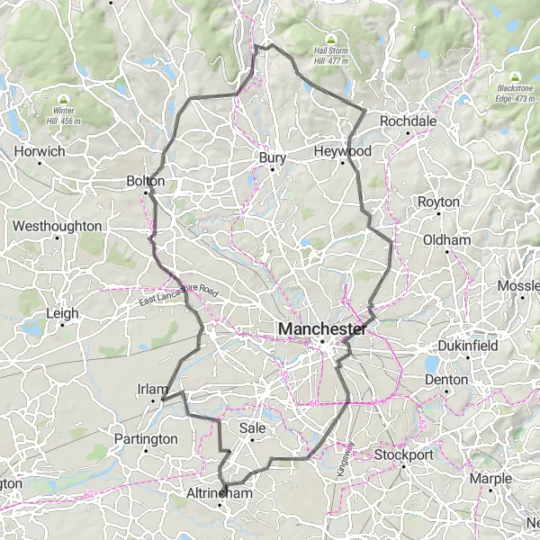 Map miniature of "Northern Hills Challenge" cycling inspiration in Greater Manchester, United Kingdom. Generated by Tarmacs.app cycling route planner