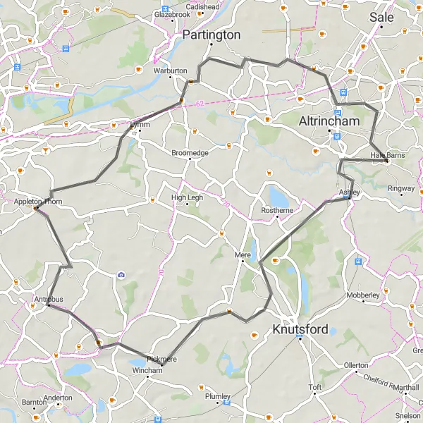 Map miniature of "Rostherne Loop" cycling inspiration in Greater Manchester, United Kingdom. Generated by Tarmacs.app cycling route planner