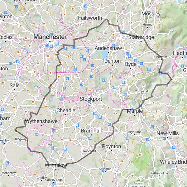 Map miniature of "Manchester East Hills" cycling inspiration in Greater Manchester, United Kingdom. Generated by Tarmacs.app cycling route planner
