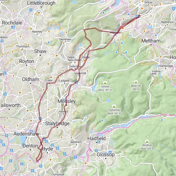 Map miniature of "The Marsden Hills Adventure" cycling inspiration in Greater Manchester, United Kingdom. Generated by Tarmacs.app cycling route planner
