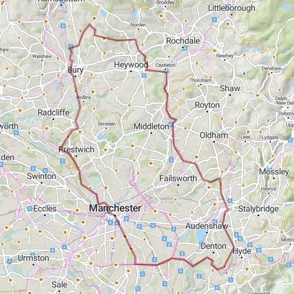 Map miniature of "The Manchester Gravel Loop" cycling inspiration in Greater Manchester, United Kingdom. Generated by Tarmacs.app cycling route planner