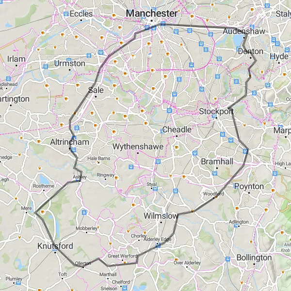 Map miniature of "The Hazel Grove Expedition" cycling inspiration in Greater Manchester, United Kingdom. Generated by Tarmacs.app cycling route planner