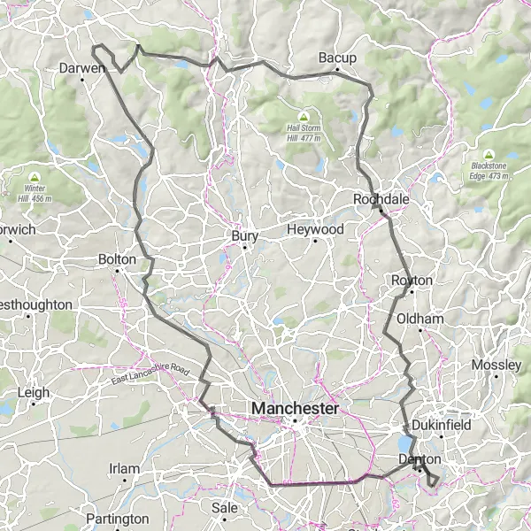 Map miniature of "Scenic Loop of Greater Manchester" cycling inspiration in Greater Manchester, United Kingdom. Generated by Tarmacs.app cycling route planner