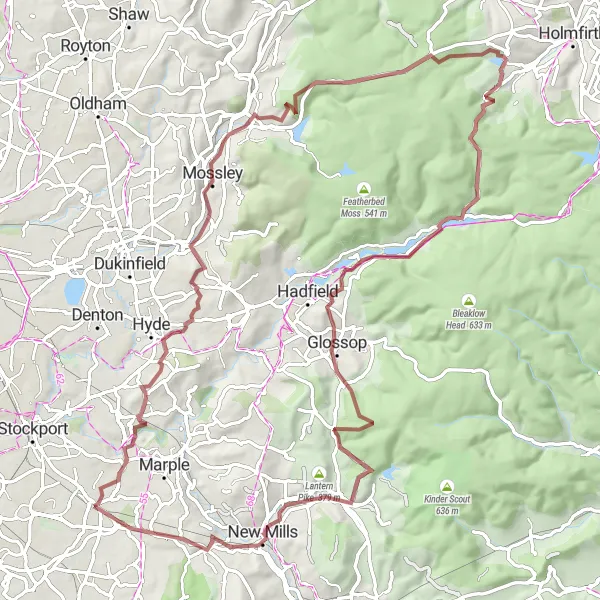 Map miniature of "The Peak District Gravel Adventure" cycling inspiration in Greater Manchester, United Kingdom. Generated by Tarmacs.app cycling route planner