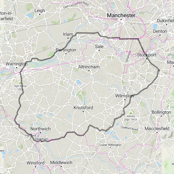 Map miniature of "The Cheshire Countryside Ride" cycling inspiration in Greater Manchester, United Kingdom. Generated by Tarmacs.app cycling route planner