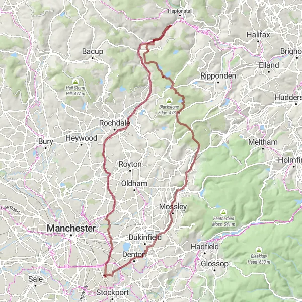 Map miniature of "The Pennine Challenge" cycling inspiration in Greater Manchester, United Kingdom. Generated by Tarmacs.app cycling route planner