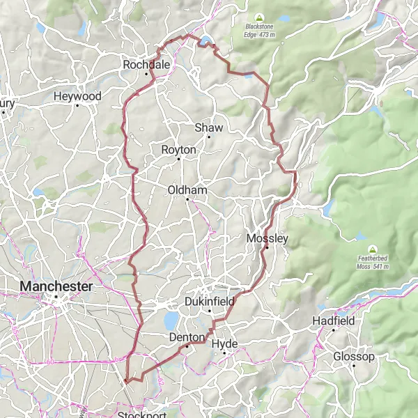 Map miniature of "The Gravel Adventure" cycling inspiration in Greater Manchester, United Kingdom. Generated by Tarmacs.app cycling route planner