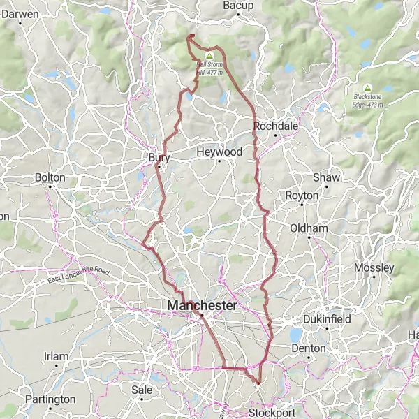 Map miniature of "Gravel Adventure via Cheesden Lumb Mill and Failsworth" cycling inspiration in Greater Manchester, United Kingdom. Generated by Tarmacs.app cycling route planner