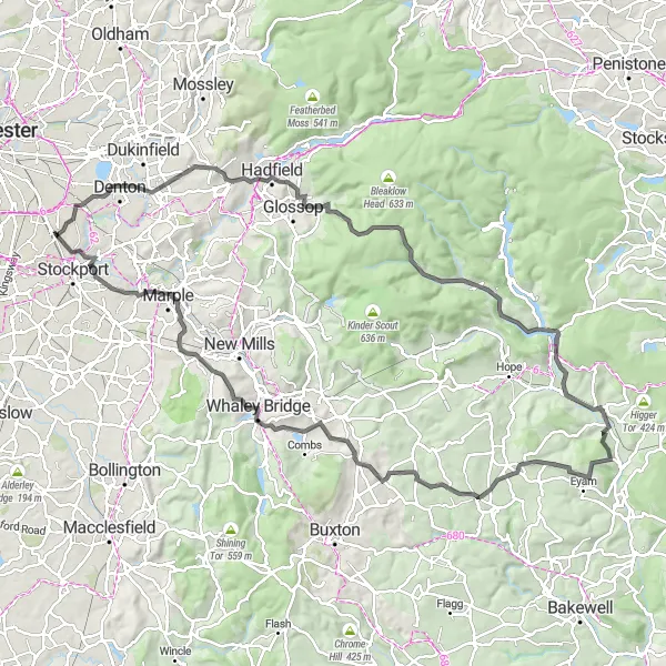 Map miniature of "The Cheshire Loop" cycling inspiration in Greater Manchester, United Kingdom. Generated by Tarmacs.app cycling route planner