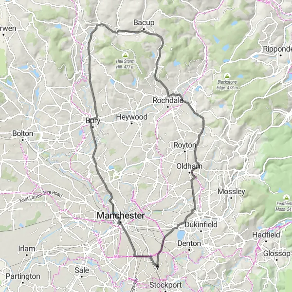 Map miniature of "Challenging Ride via Rawtenstall and Oldham Edge" cycling inspiration in Greater Manchester, United Kingdom. Generated by Tarmacs.app cycling route planner