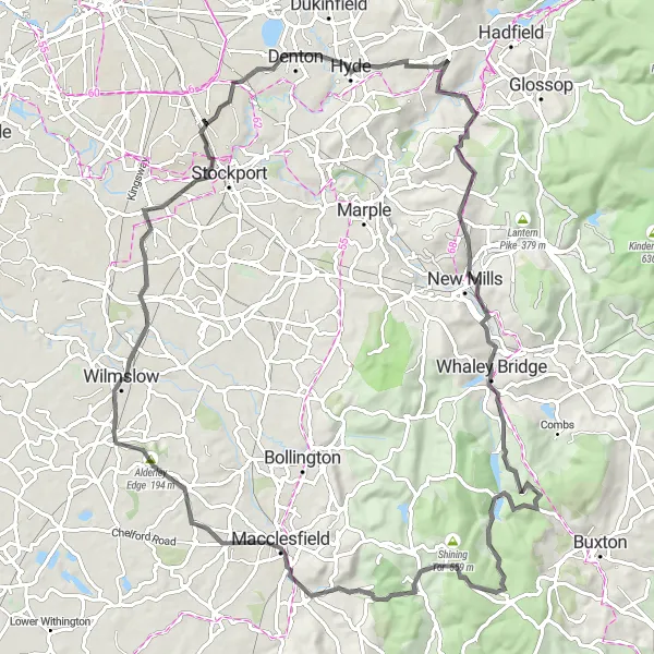 Map miniature of "Climbing Adventure via Whaley Bridge and Alderley Edge" cycling inspiration in Greater Manchester, United Kingdom. Generated by Tarmacs.app cycling route planner