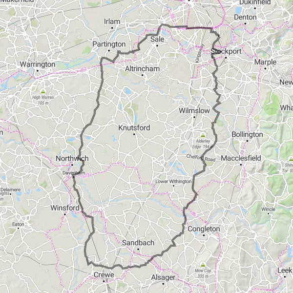 Map miniature of "The Cheshire Heritage Trail" cycling inspiration in Greater Manchester, United Kingdom. Generated by Tarmacs.app cycling route planner