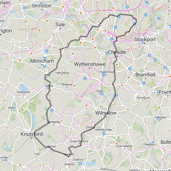 Map miniature of "Scenic Road Loop via Chorley and Timperley" cycling inspiration in Greater Manchester, United Kingdom. Generated by Tarmacs.app cycling route planner