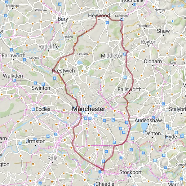 Map miniature of "Failsworth Loop" cycling inspiration in Greater Manchester, United Kingdom. Generated by Tarmacs.app cycling route planner