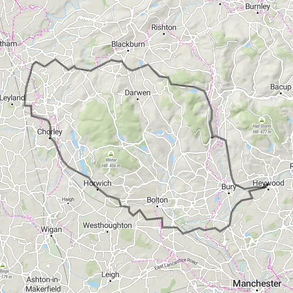Map miniature of "Chorley Circuit" cycling inspiration in Greater Manchester, United Kingdom. Generated by Tarmacs.app cycling route planner