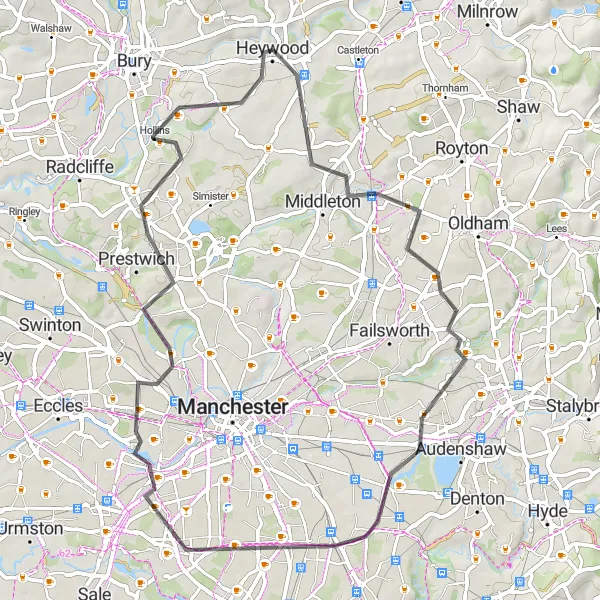 Map miniature of "The Chadderton and Salford Loop" cycling inspiration in Greater Manchester, United Kingdom. Generated by Tarmacs.app cycling route planner