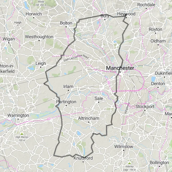 Map miniature of "Into the Countryside" cycling inspiration in Greater Manchester, United Kingdom. Generated by Tarmacs.app cycling route planner