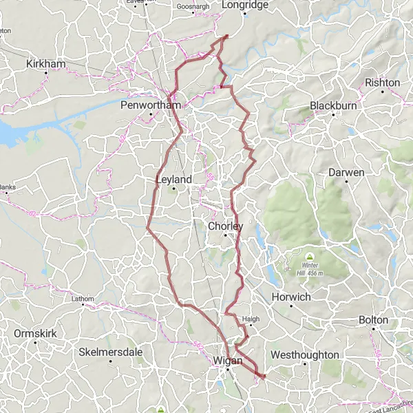 Map miniature of "From Heath Charnock to Preston" cycling inspiration in Greater Manchester, United Kingdom. Generated by Tarmacs.app cycling route planner