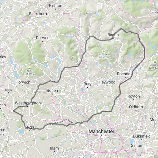 Map miniature of "Pennine Hills Adventure" cycling inspiration in Greater Manchester, United Kingdom. Generated by Tarmacs.app cycling route planner