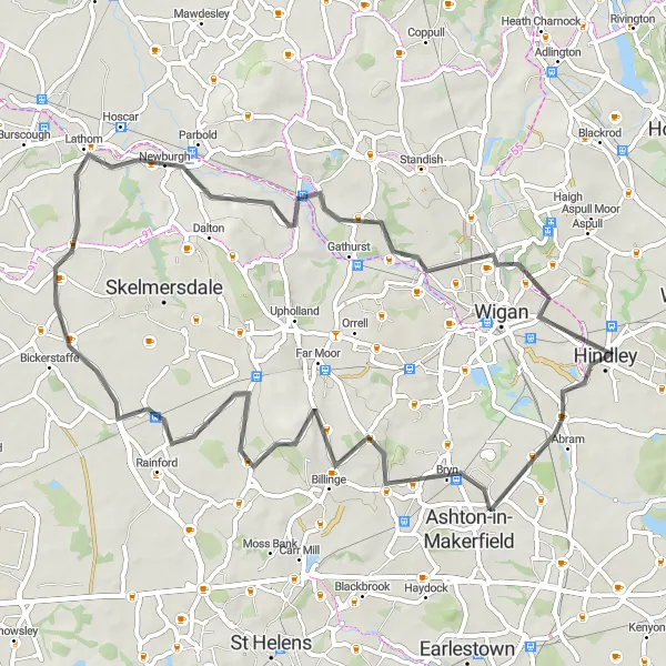 Map miniature of "Garswood to Shevington Road Loop" cycling inspiration in Greater Manchester, United Kingdom. Generated by Tarmacs.app cycling route planner