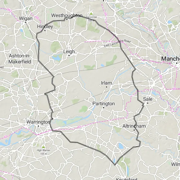 Map miniature of "Urmston and Altrincham Road Cycling Adventure" cycling inspiration in Greater Manchester, United Kingdom. Generated by Tarmacs.app cycling route planner