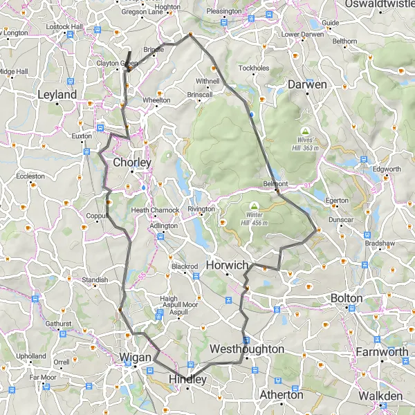 Map miniature of "Charming Villages and Scenic Views Road Trip" cycling inspiration in Greater Manchester, United Kingdom. Generated by Tarmacs.app cycling route planner