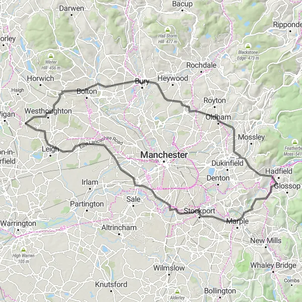 Map miniature of "Bolton to Leigh: Conquer the Heights" cycling inspiration in Greater Manchester, United Kingdom. Generated by Tarmacs.app cycling route planner