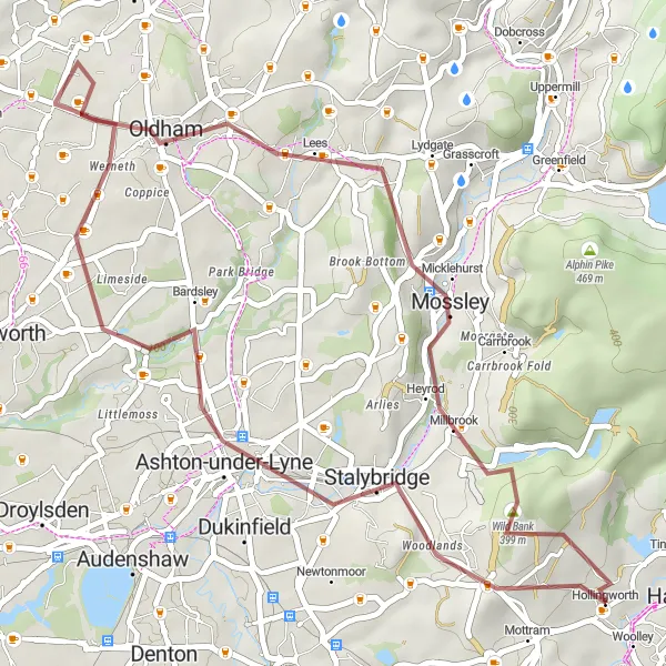 Map miniature of "Gravel Adventure to Oldham" cycling inspiration in Greater Manchester, United Kingdom. Generated by Tarmacs.app cycling route planner