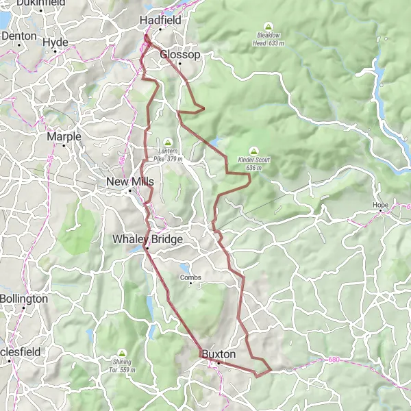 Map miniature of "Glossop and the Peaks" cycling inspiration in Greater Manchester, United Kingdom. Generated by Tarmacs.app cycling route planner