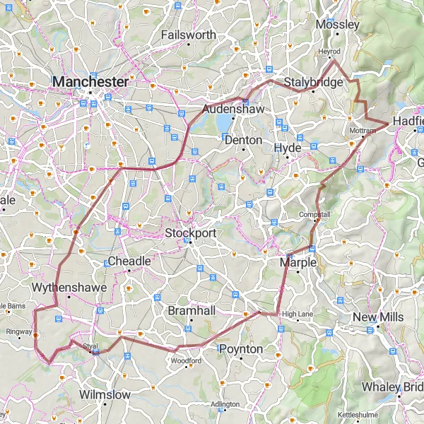 Map miniature of "Scenic Gravel Ride to Ashton-under-Lyne" cycling inspiration in Greater Manchester, United Kingdom. Generated by Tarmacs.app cycling route planner