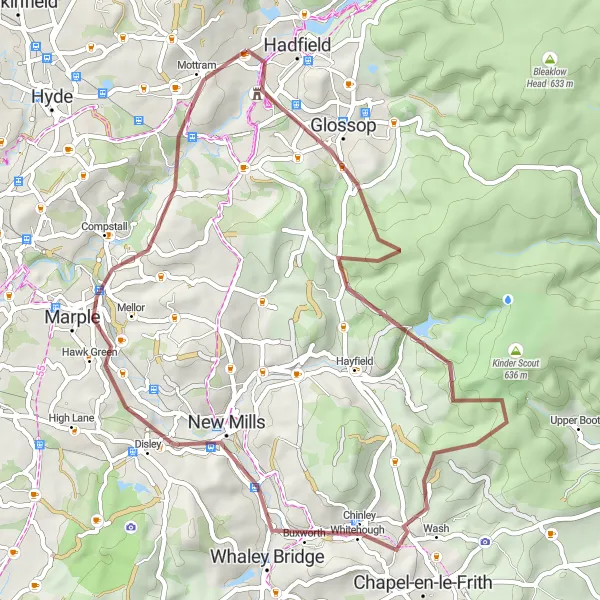 Map miniature of "Glossop and Chapel Milton Gravel Ride" cycling inspiration in Greater Manchester, United Kingdom. Generated by Tarmacs.app cycling route planner